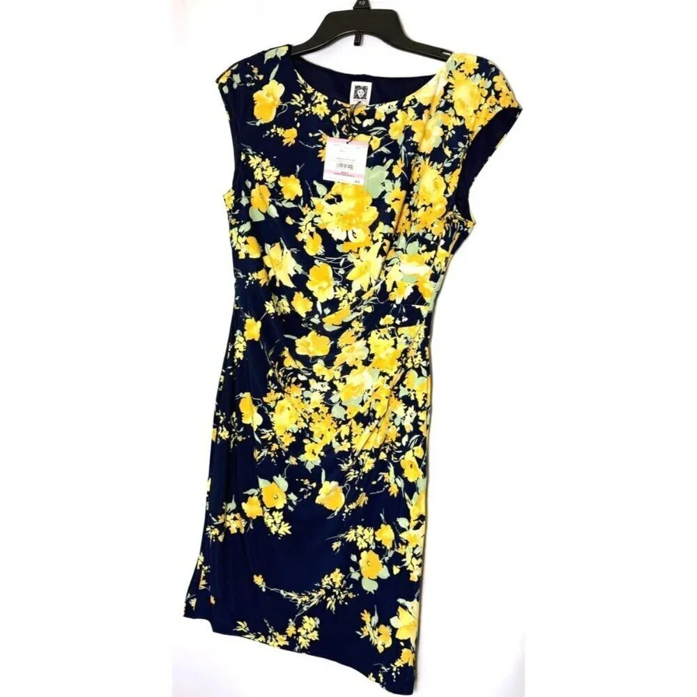 Anne Klein Womens Blue Yellow Floral Boat Neck Side Pleat Sheath Dress Sz 8 New